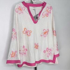 Linen Blend Embroidered Floral Top Blouse Boho Resort Plus Beach Size 1X